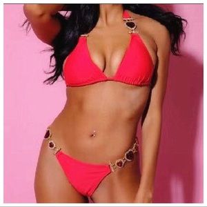 NWT Ultimate ❤️ Bling Heart Rhinestone Gold Chain Accent Halter Bikini Swimsuit